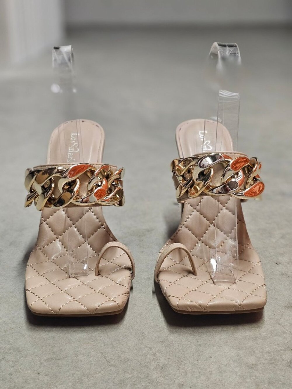 Quilted Nude Heeled Sandals With Gold Chain Detail & Square Toe Design